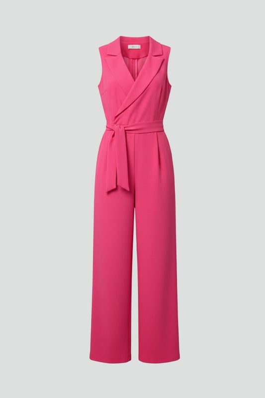 Elegant Pink Jumpsuit for Women with V Neck Sleeveless Wrap Belted Tie Waist Cocktail Style