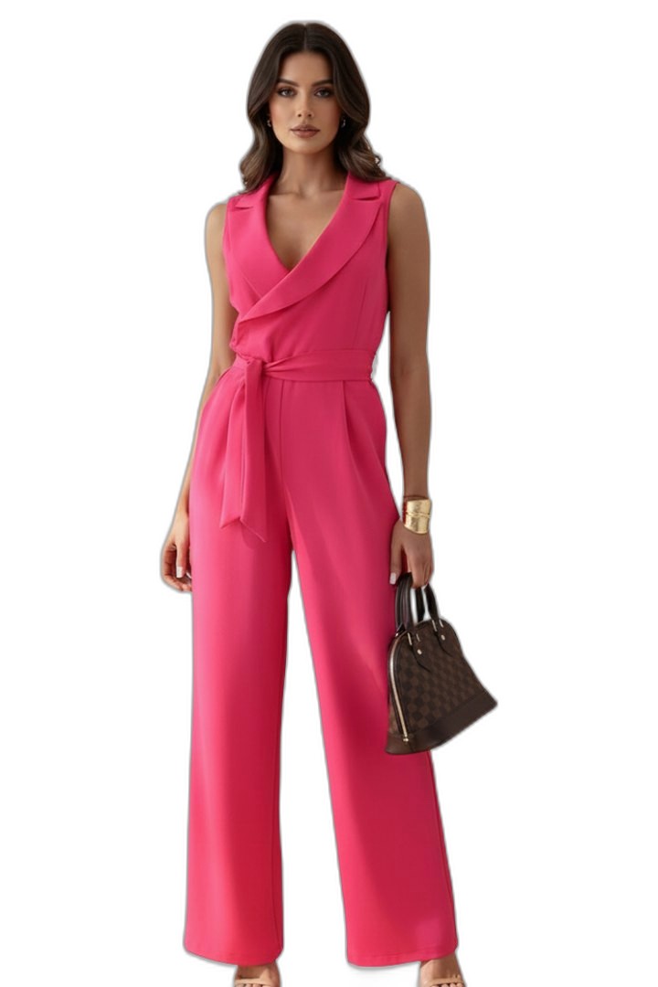 Elegant Pink Jumpsuit for Women with V Neck Sleeveless Wrap Belted Tie Waist Cocktail Style