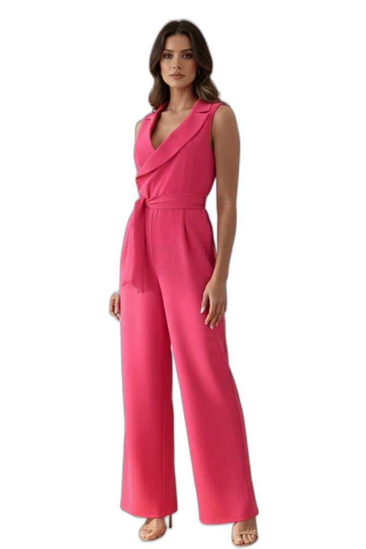 Elegant Pink Jumpsuit for Women with V Neck Sleeveless Wrap Belted Tie Waist Cocktail Style