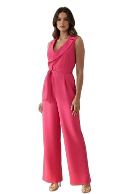 Elegant Pink Jumpsuit for Women with V Neck Sleeveless Wrap Belted Tie Waist Cocktail Style