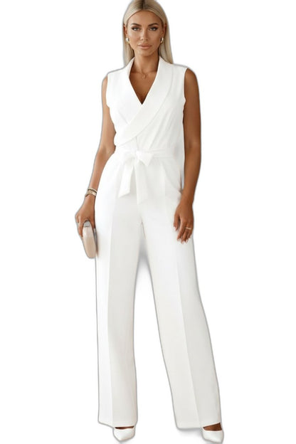 Elegant Pink Jumpsuit for Women with V Neck Sleeveless Wrap Belted Tie Waist Cocktail Style