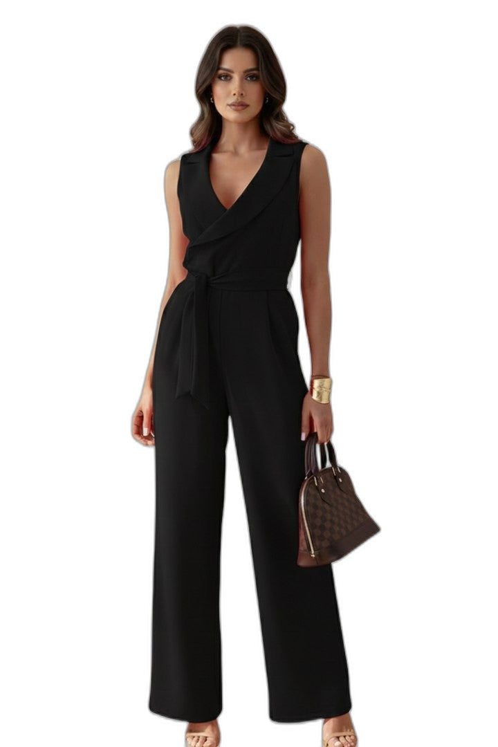 Elegant Pink Jumpsuit for Women with V Neck Sleeveless Wrap Belted Tie Waist Cocktail Style