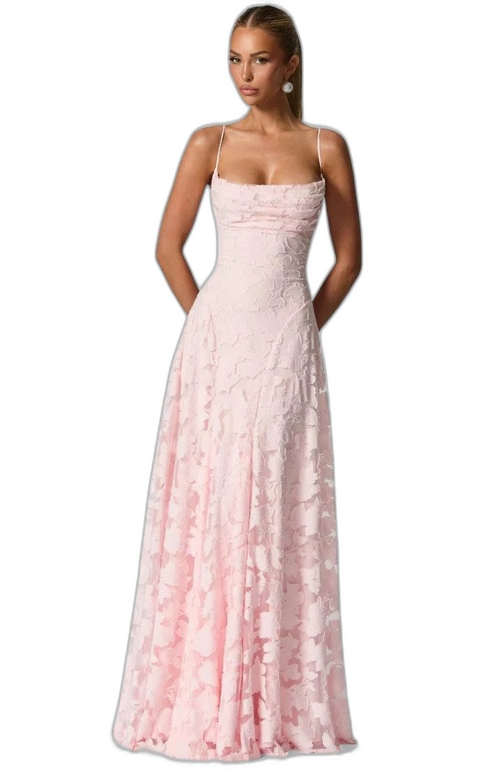 Elegant Pink Lace Maxi Dress for Women with Strapless A Line Formal Style