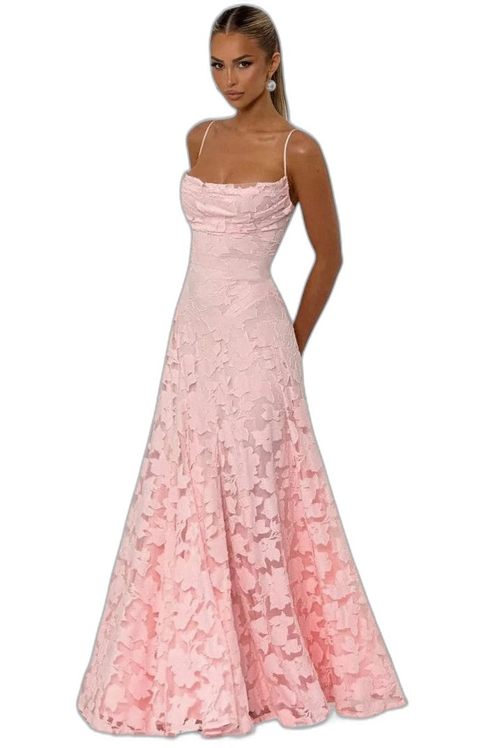 Elegant Pink Lace Maxi Dress for Women with Strapless A Line Formal Style