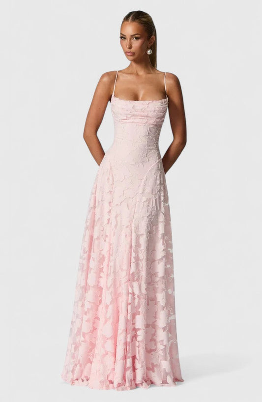 Elegant Pink Lace Maxi Dress for Women with Strapless A Line Formal Style