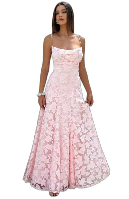 Elegant Pink Lace Maxi Dress for Women with Strapless A Line Formal Style