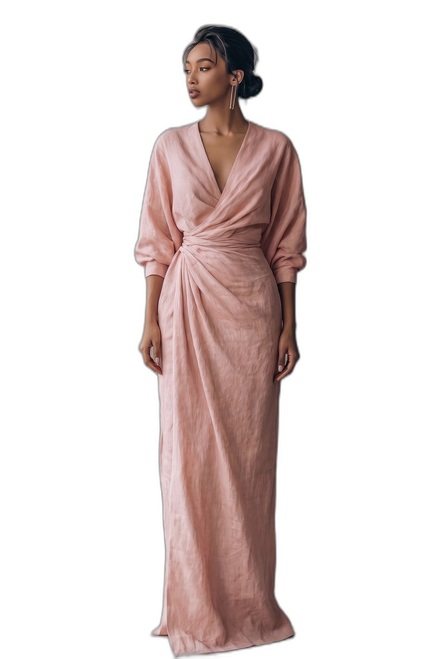 Elegant Pink Linen Maxi Dress for Women with V Neck Long Sleeve Wrap Belted Formal Style