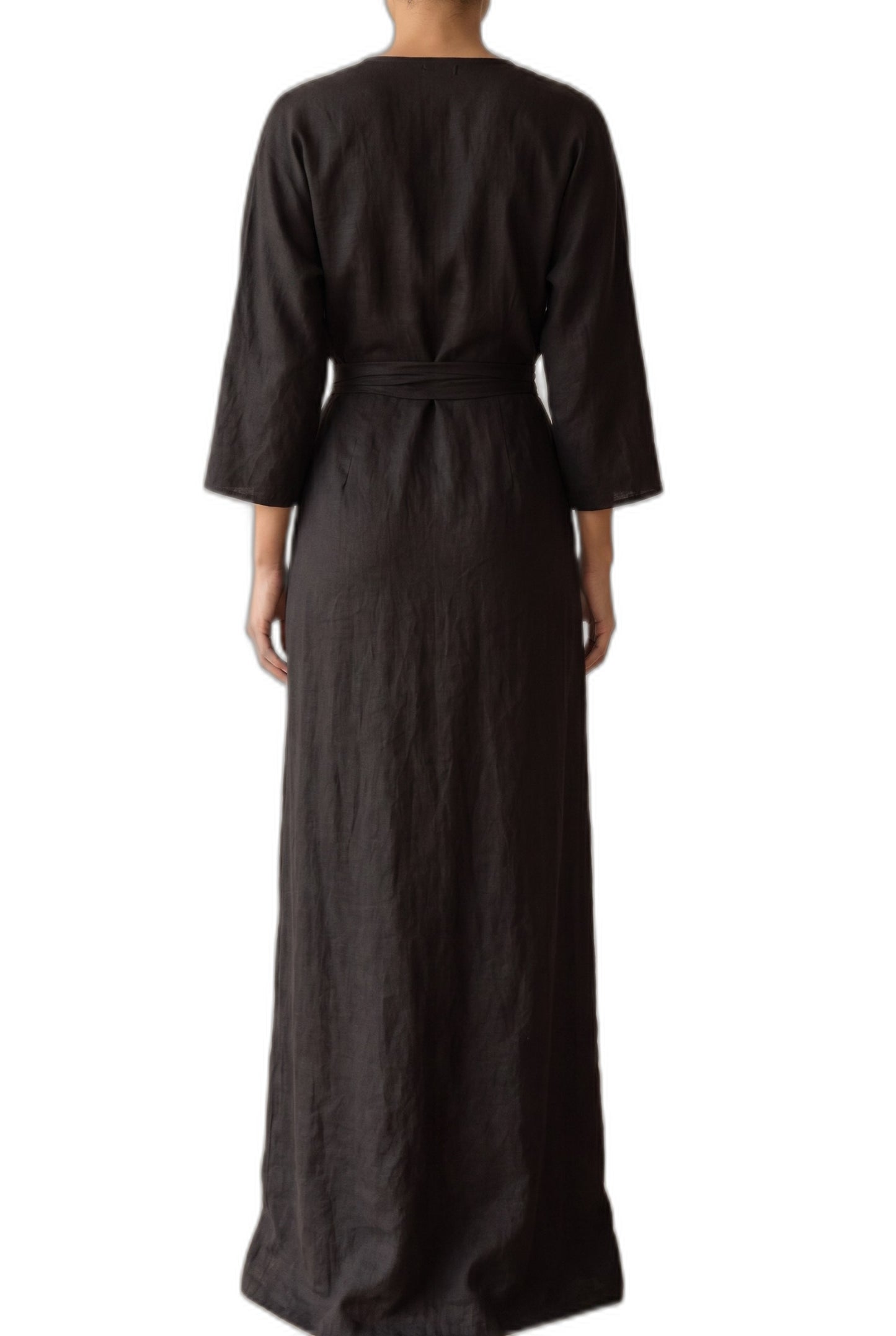 Elegant Pink Linen Maxi Dress for Women with V Neck Long Sleeve Wrap Belted Formal Style