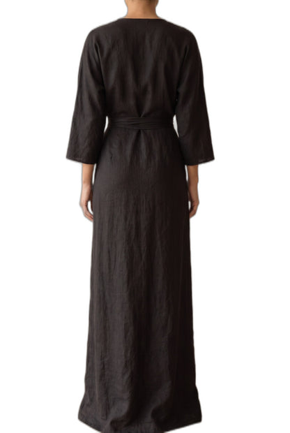 Elegant Pink Linen Maxi Dress for Women with V Neck Long Sleeve Wrap Belted Formal Style