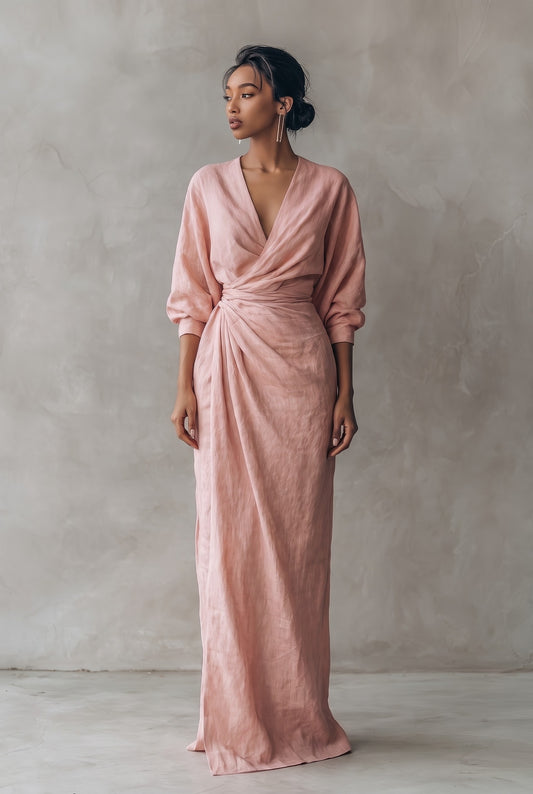 Elegant Pink Linen Maxi Dress for Women with V Neck Long Sleeve Wrap Belted Formal Style