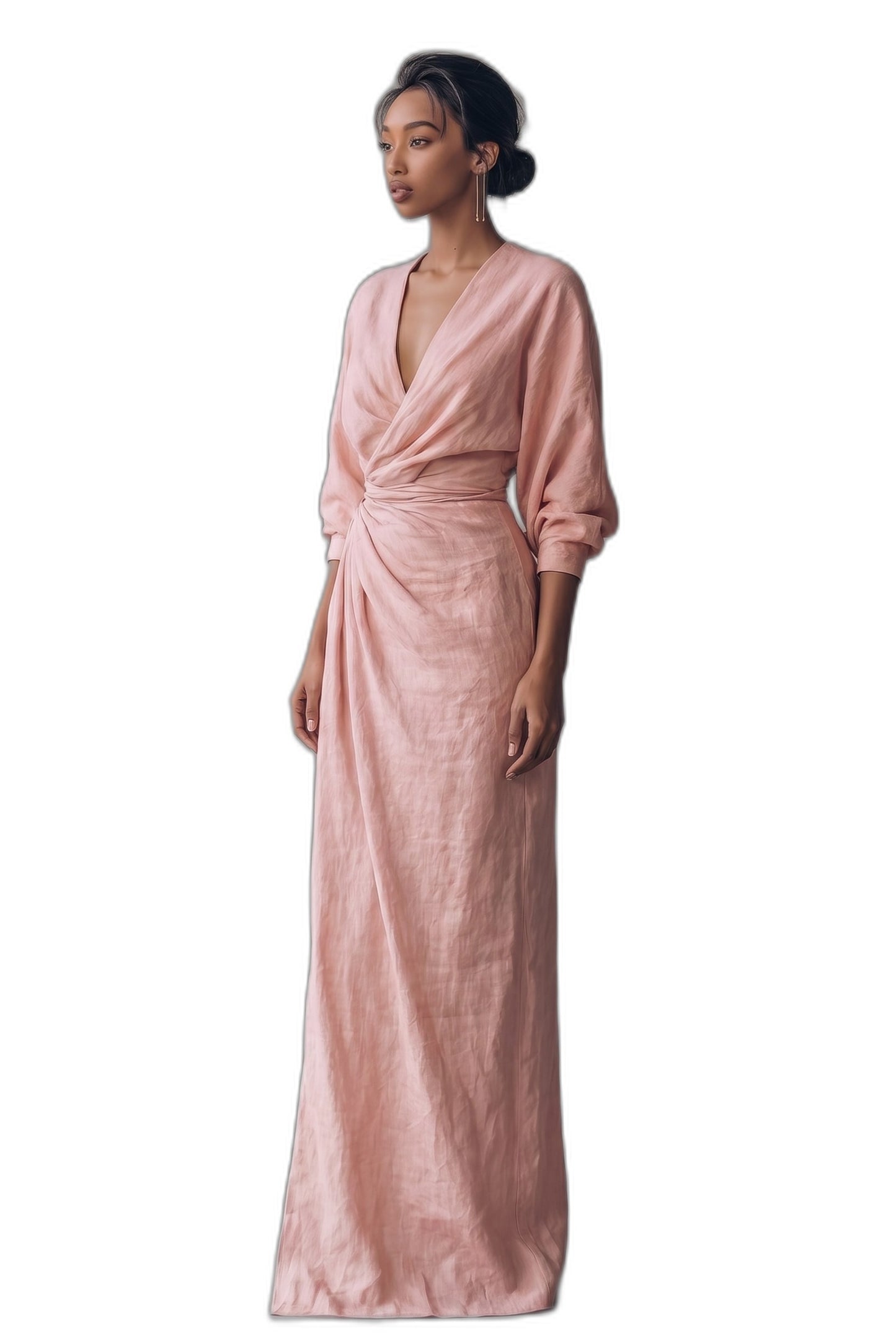 Elegant Pink Linen Maxi Dress for Women with V Neck Long Sleeve Wrap Belted Formal Style