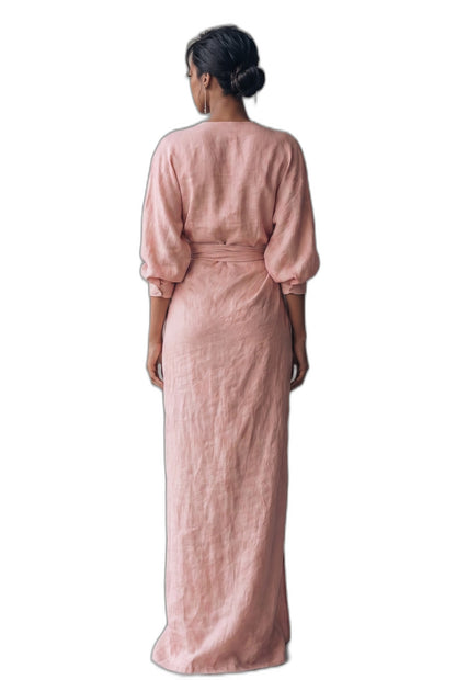 Elegant Pink Linen Maxi Dress for Women with V Neck Long Sleeve Wrap Belted Formal Style