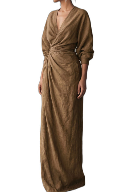 Elegant Pink Linen Maxi Dress for Women with V Neck Long Sleeve Wrap Belted Formal Style