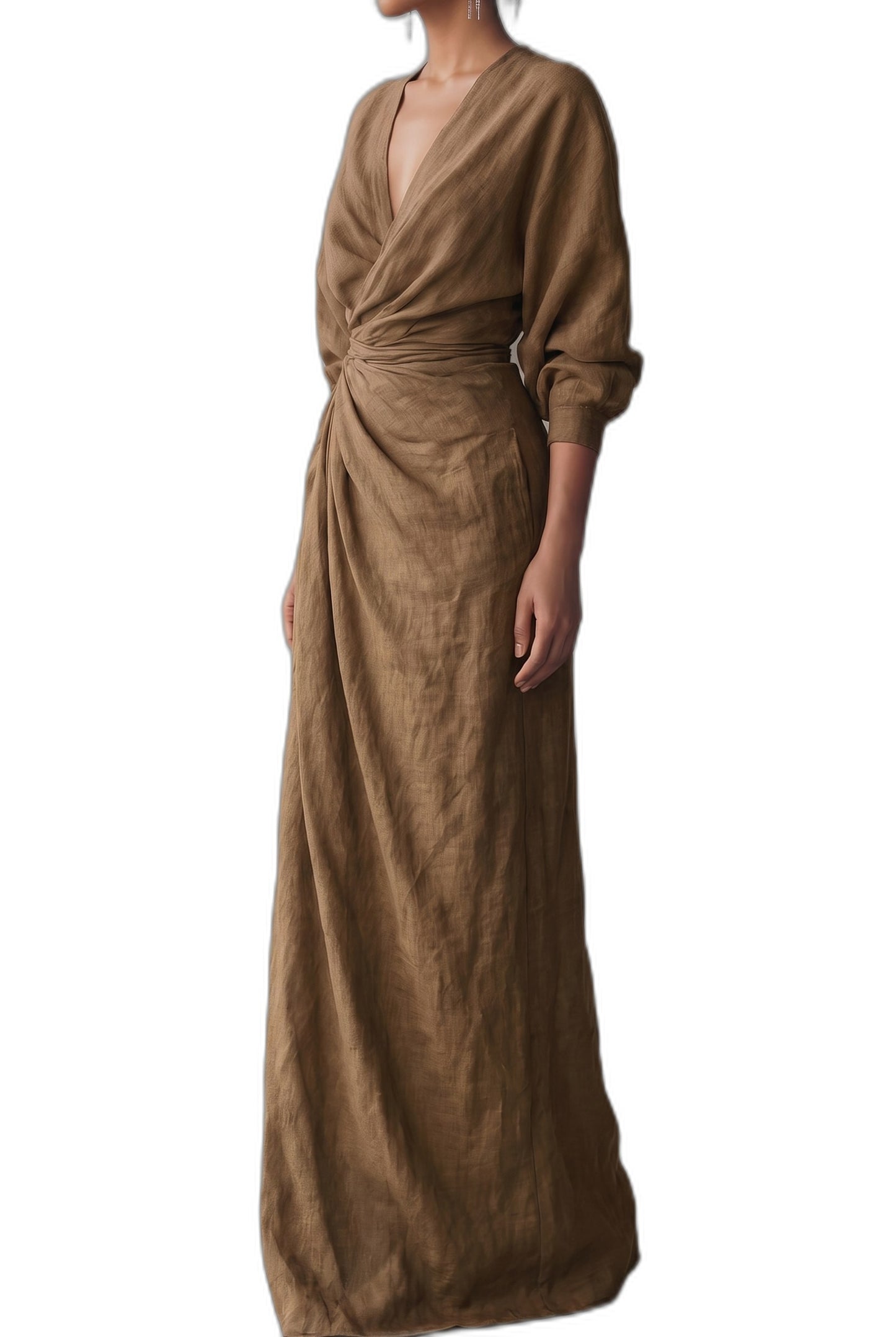 Elegant Pink Linen Maxi Dress for Women with V Neck Long Sleeve Wrap Belted Formal Style
