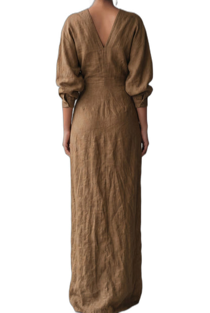 Elegant Pink Linen Maxi Dress for Women with V Neck Long Sleeve Wrap Belted Formal Style