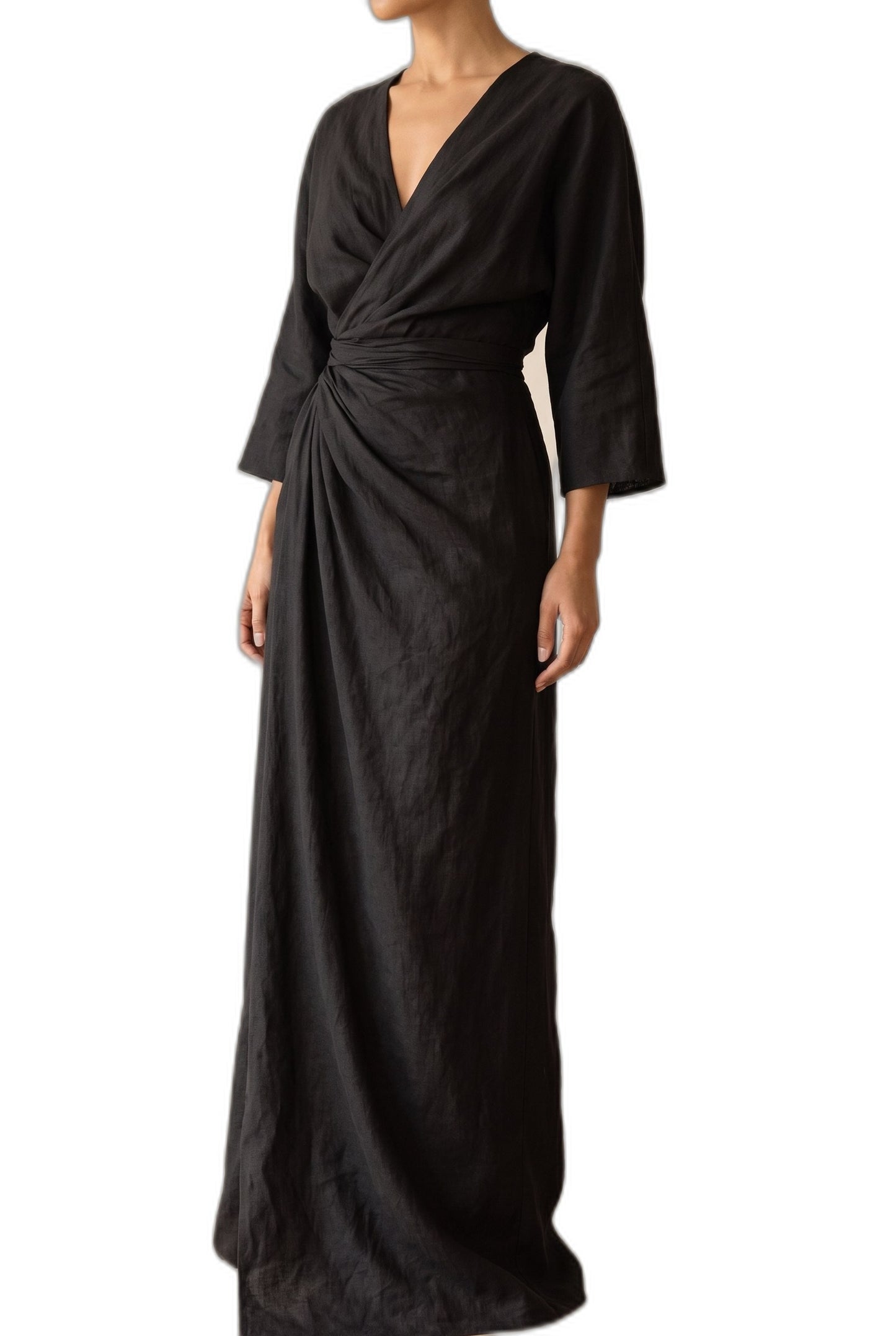 Elegant Pink Linen Maxi Dress for Women with V Neck Long Sleeve Wrap Belted Formal Style