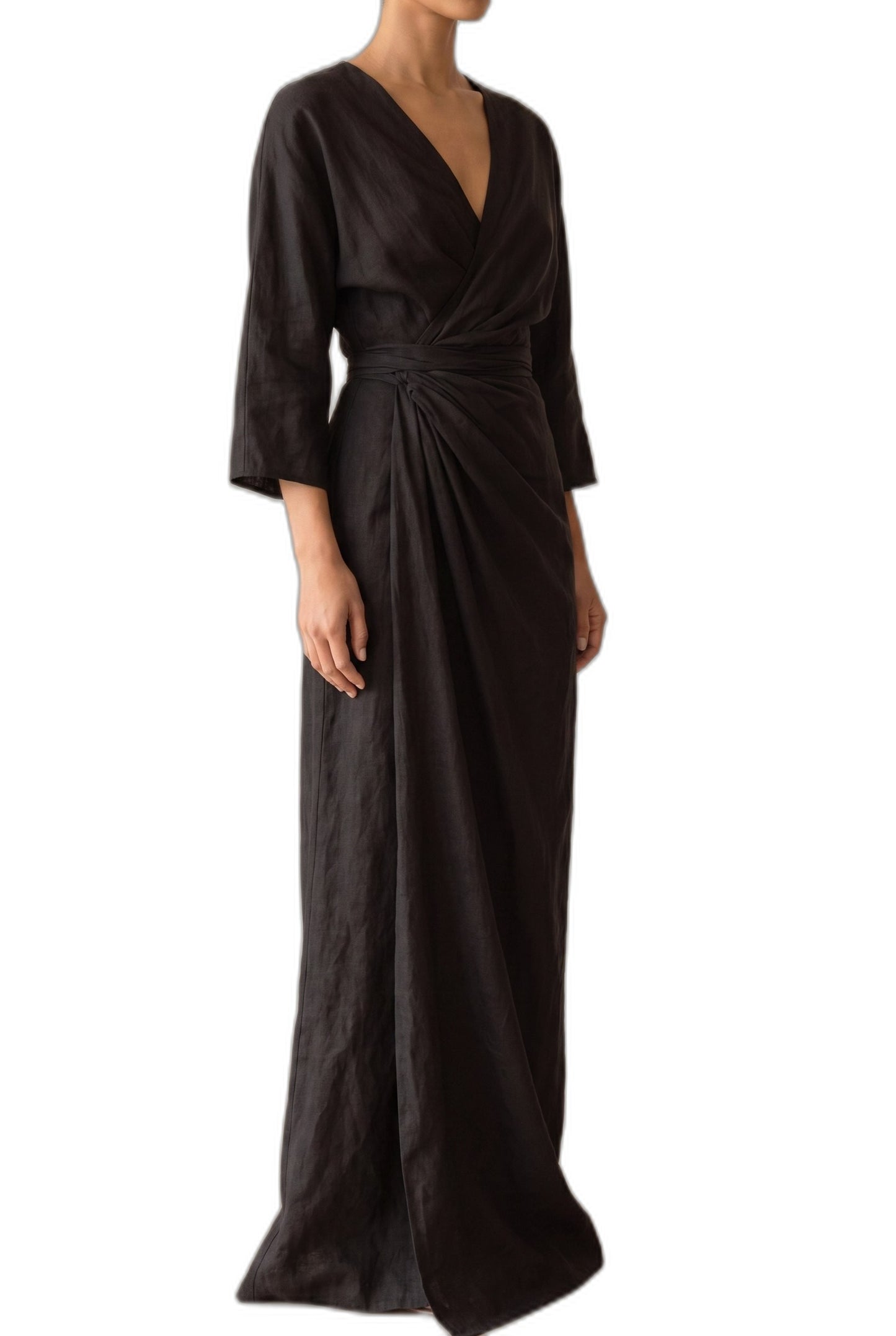 Elegant Pink Linen Maxi Dress for Women with V Neck Long Sleeve Wrap Belted Formal Style
