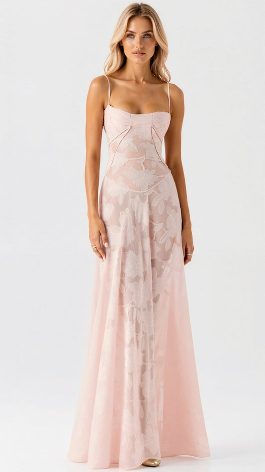 Elegant Pink Maxi Dress for Women with Square Neck Sleeveless Flowing Formal Wedding Guest Style