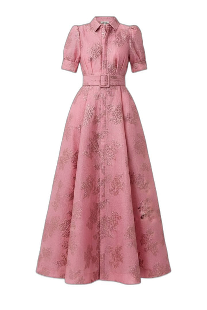 Elegant Pink Midi Dress for Women with Collared Short Sleeve A Line Button Front Belted Cocktail Style