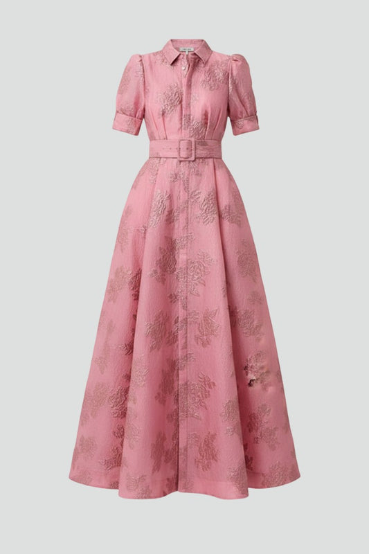 Elegant Pink Midi Dress for Women with Collared Short Sleeve A Line Button Front Belted Cocktail Style