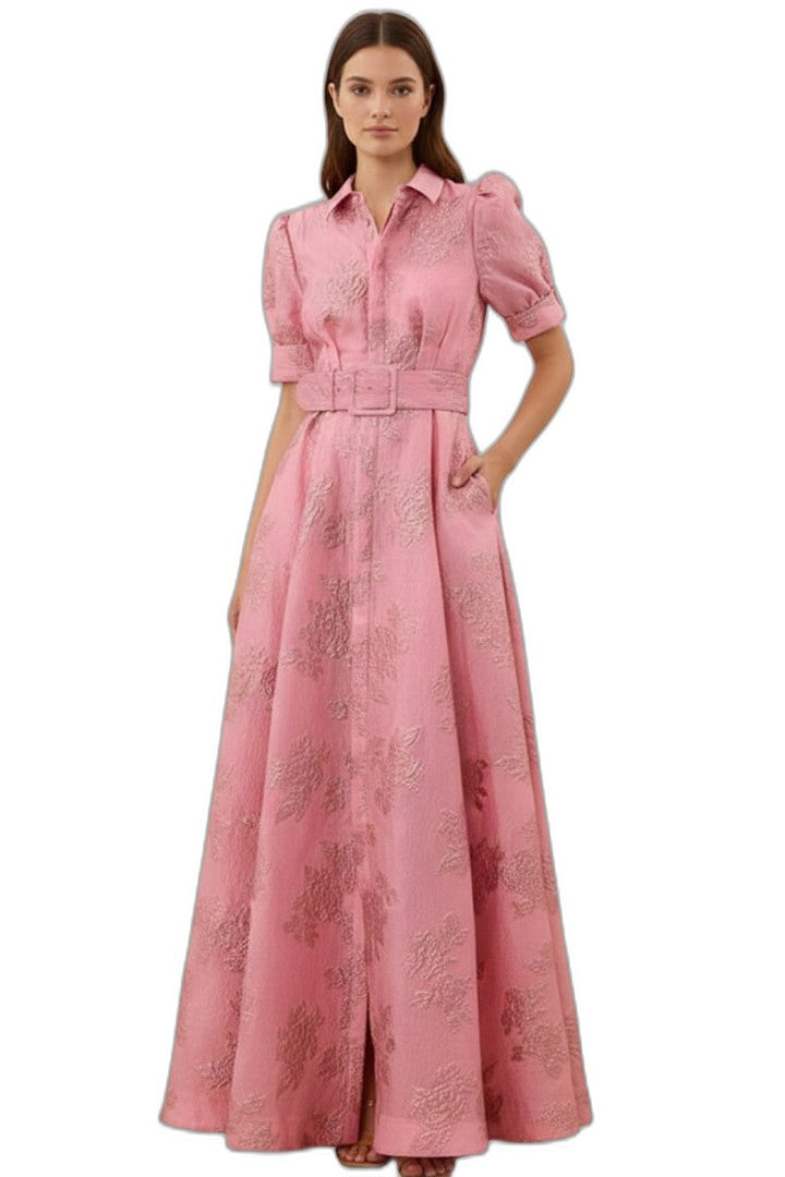 Elegant Pink Midi Dress for Women with Collared Short Sleeve A Line Button Front Belted Cocktail Style
