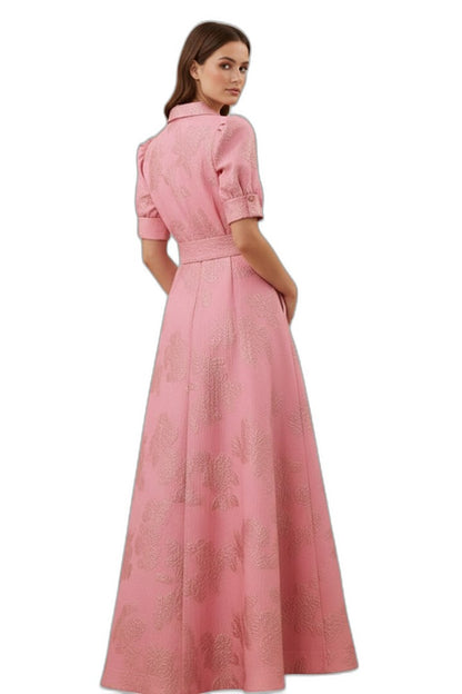 Elegant Pink Midi Dress for Women with Collared Short Sleeve A Line Button Front Belted Cocktail Style