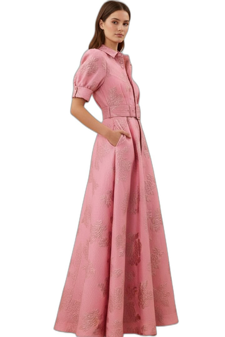 Elegant Pink Midi Dress for Women with Collared Short Sleeve A Line Button Front Belted Cocktail Style