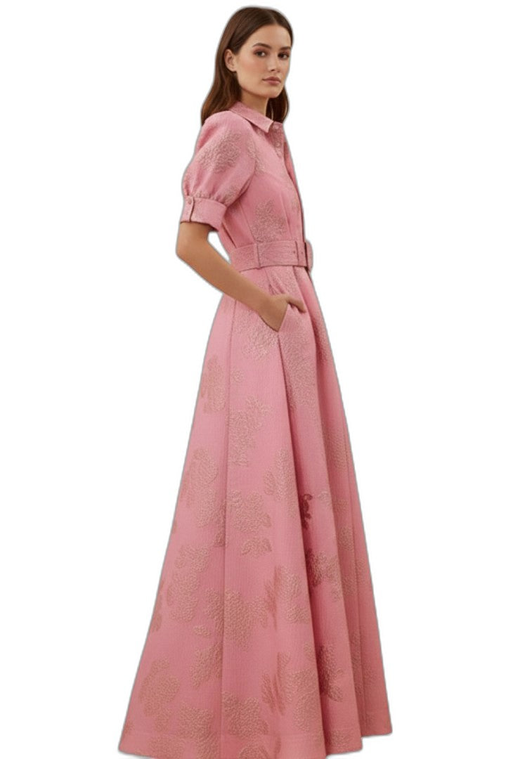 Elegant Pink Midi Dress for Women with Collared Short Sleeve A Line Button Front Belted Cocktail Style