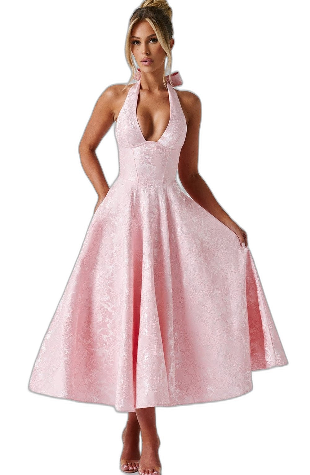 Elegant Pink Midi Dress for Women with Halter Sleeveless A Line Fit And Flare Cocktail Style