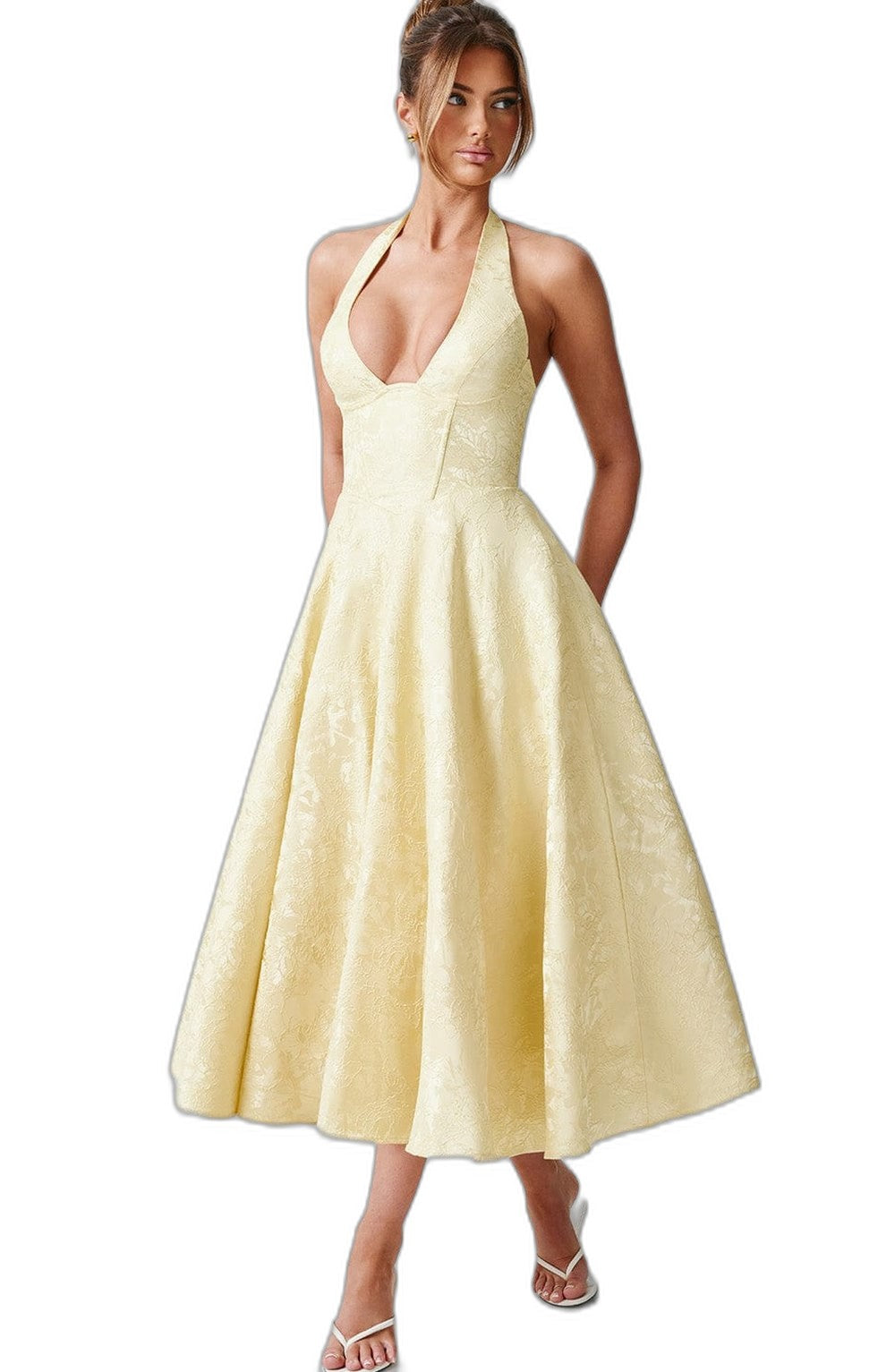 Elegant Pink Midi Dress for Women with Halter Sleeveless A Line Fit And Flare Cocktail Style