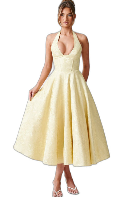 Elegant Pink Midi Dress for Women with Halter Sleeveless A Line Fit And Flare Cocktail Style