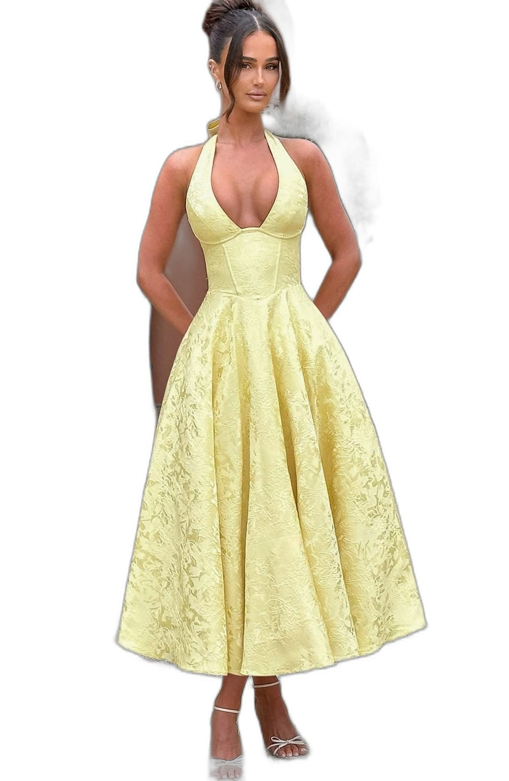 Elegant Pink Midi Dress for Women with Halter Sleeveless A Line Fit And Flare Cocktail Style