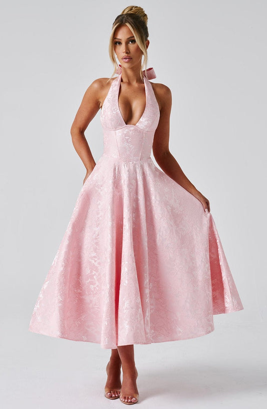 Elegant Pink Midi Dress for Women with Halter Sleeveless A Line Fit And Flare Cocktail Style
