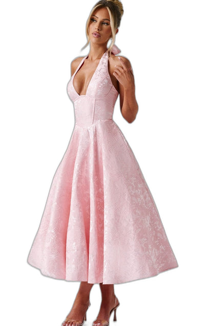 Elegant Pink Midi Dress for Women with Halter Sleeveless A Line Fit And Flare Cocktail Style
