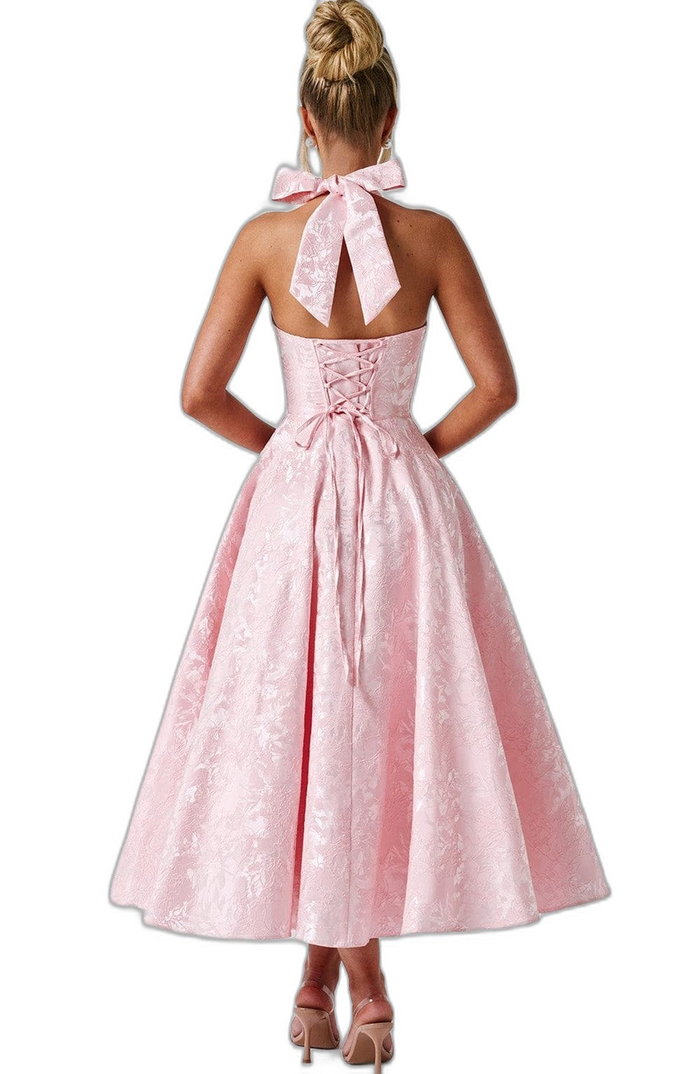 Elegant Pink Midi Dress for Women with Halter Sleeveless A Line Fit And Flare Cocktail Style