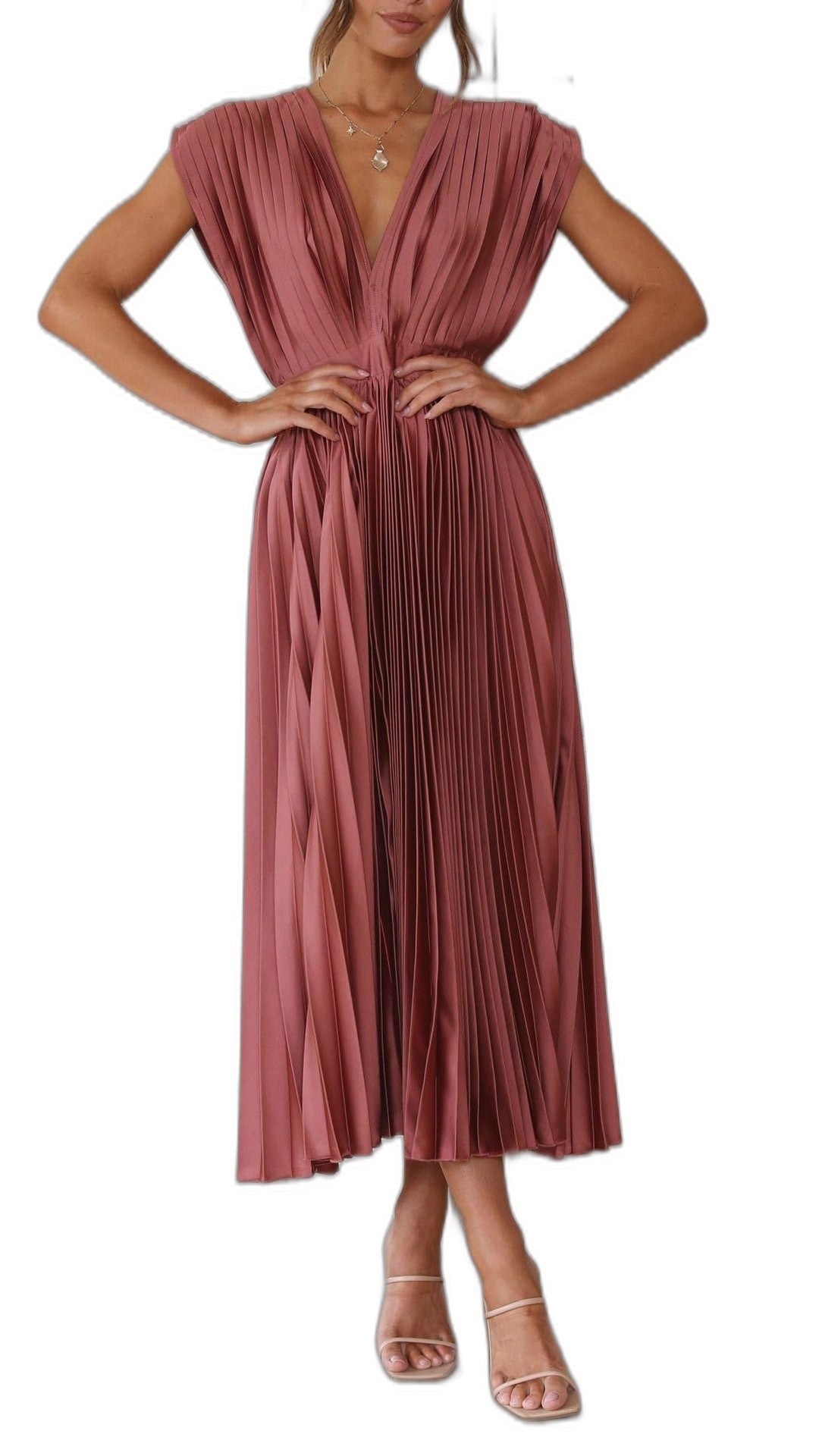 Elegant Pink Midi Dress for Women with V Neck Sleeveless Pleated Belted Cocktail Style