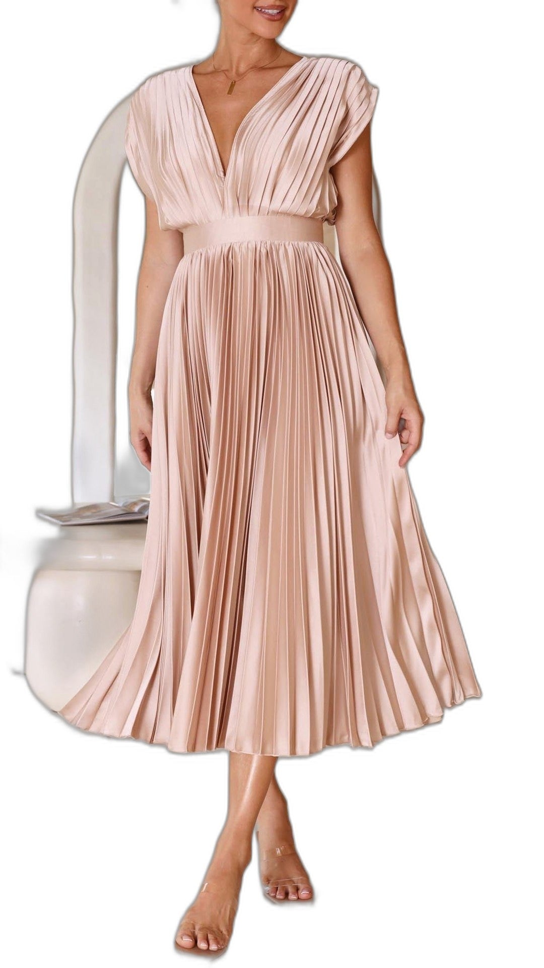 Elegant Pink Midi Dress for Women with V Neck Sleeveless Pleated Belted Cocktail Style