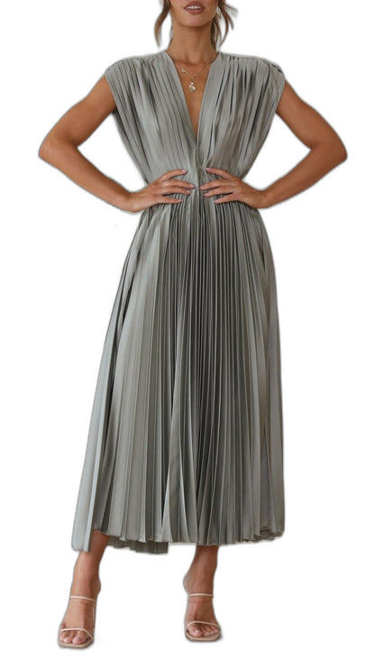 Elegant Pink Midi Dress for Women with V Neck Sleeveless Pleated Belted Cocktail Style