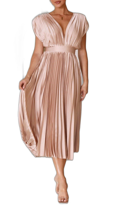 Elegant Pink Midi Dress for Women with V Neck Sleeveless Pleated Belted Cocktail Style