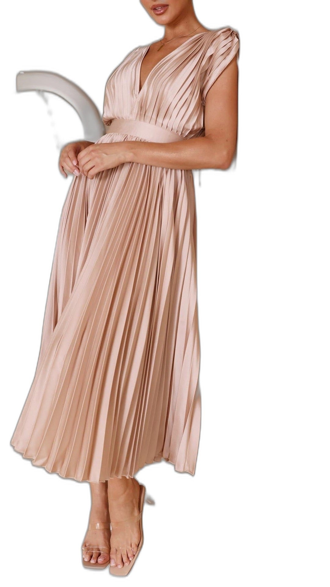 Elegant Pink Midi Dress for Women with V Neck Sleeveless Pleated Belted Cocktail Style