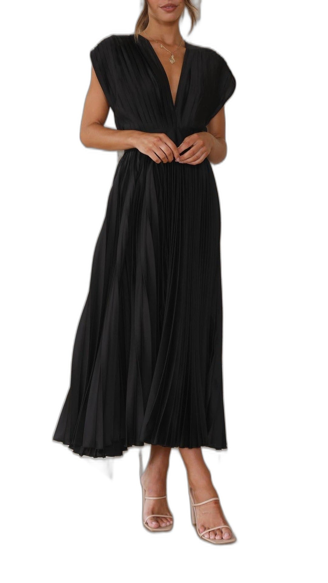Elegant Pink Midi Dress for Women with V Neck Sleeveless Pleated Belted Cocktail Style
