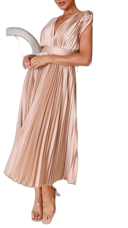 Elegant Pink Midi Dress for Women with V Neck Sleeveless Wrap Pleated Cocktail Style
