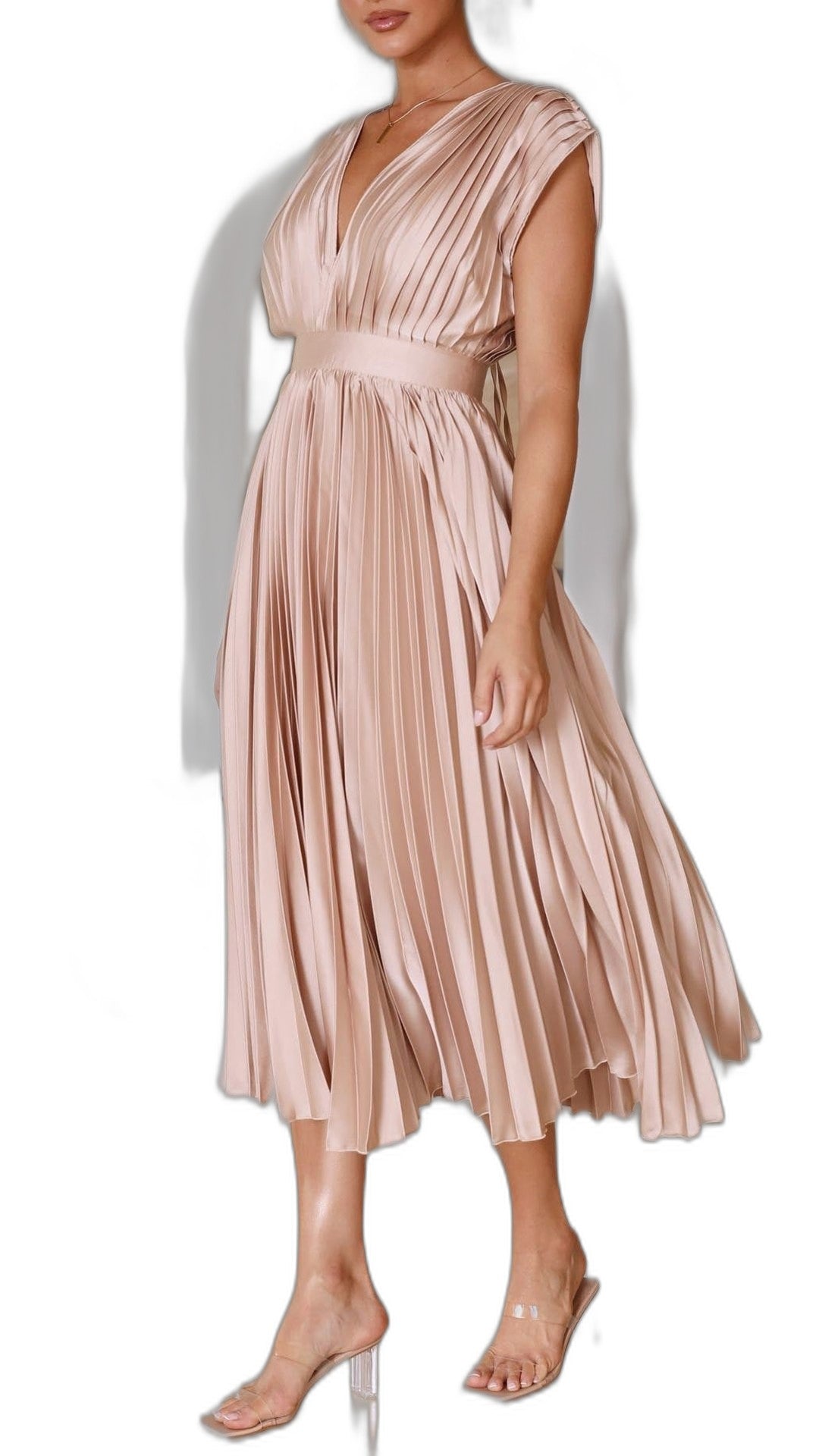 Elegant Pink Midi Dress for Women with V Neck Sleeveless Wrap Pleated Cocktail Style
