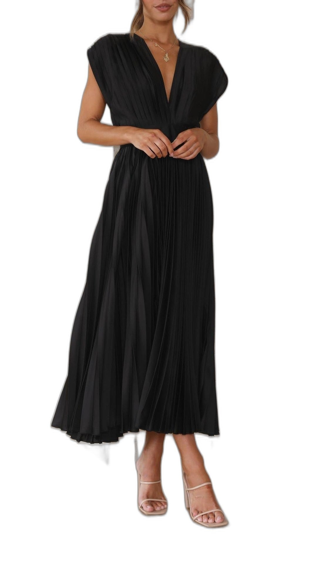 Elegant Pink Midi Dress for Women with V Neck Sleeveless Wrap Pleated Cocktail Style