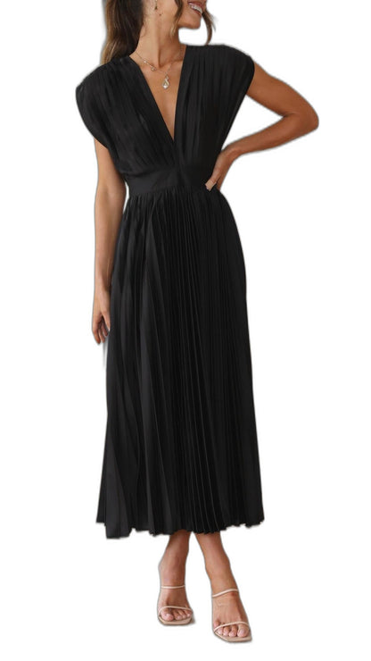 Elegant Pink Midi Dress for Women with V Neck Sleeveless Wrap Pleated Cocktail Style