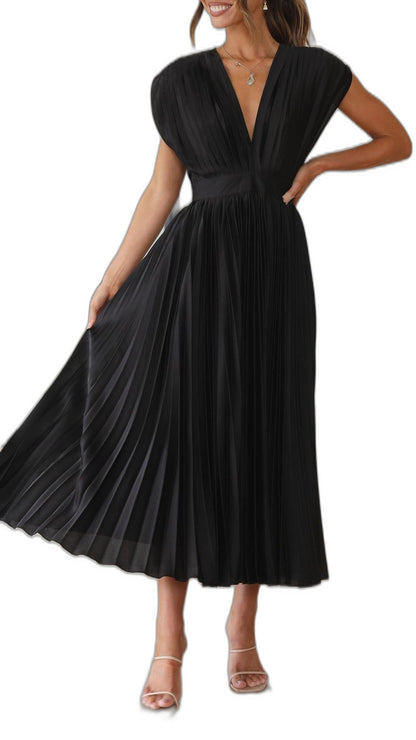 Elegant Pink Midi Dress for Women with V Neck Sleeveless Wrap Pleated Cocktail Style