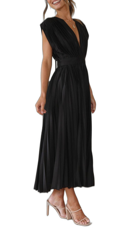 Elegant Pink Midi Dress for Women with V Neck Sleeveless Wrap Pleated Cocktail Style