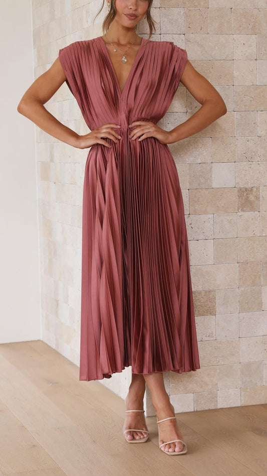 Elegant Pink Midi Dress for Women with V Neck Sleeveless Wrap Pleated Cocktail Style