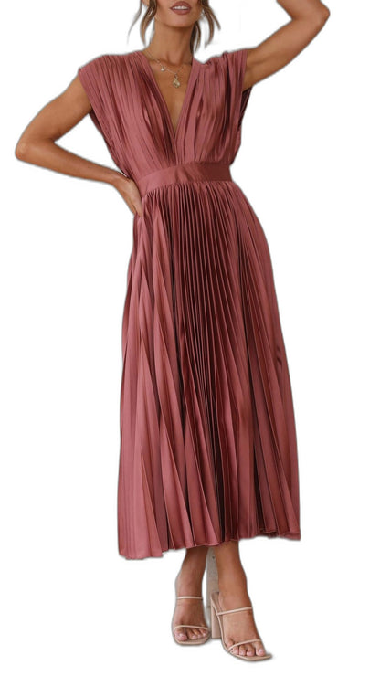 Elegant Pink Midi Dress for Women with V Neck Sleeveless Wrap Pleated Cocktail Style