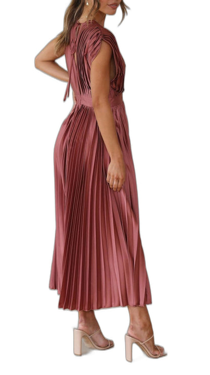Elegant Pink Midi Dress for Women with V Neck Sleeveless Wrap Pleated Cocktail Style